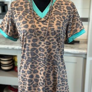 Crazy Train Leopard Print Tee with Turquoise Trim